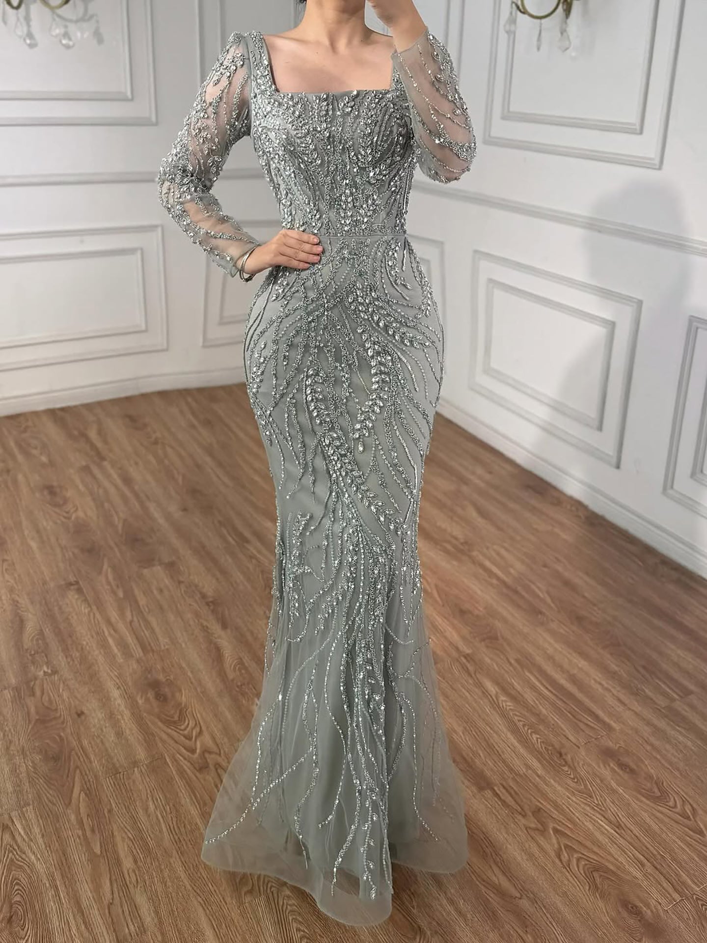 Saudi Arabic Luxury Sage Green Beaded Long Sleeves Mermaid Evening Dress LA72413B