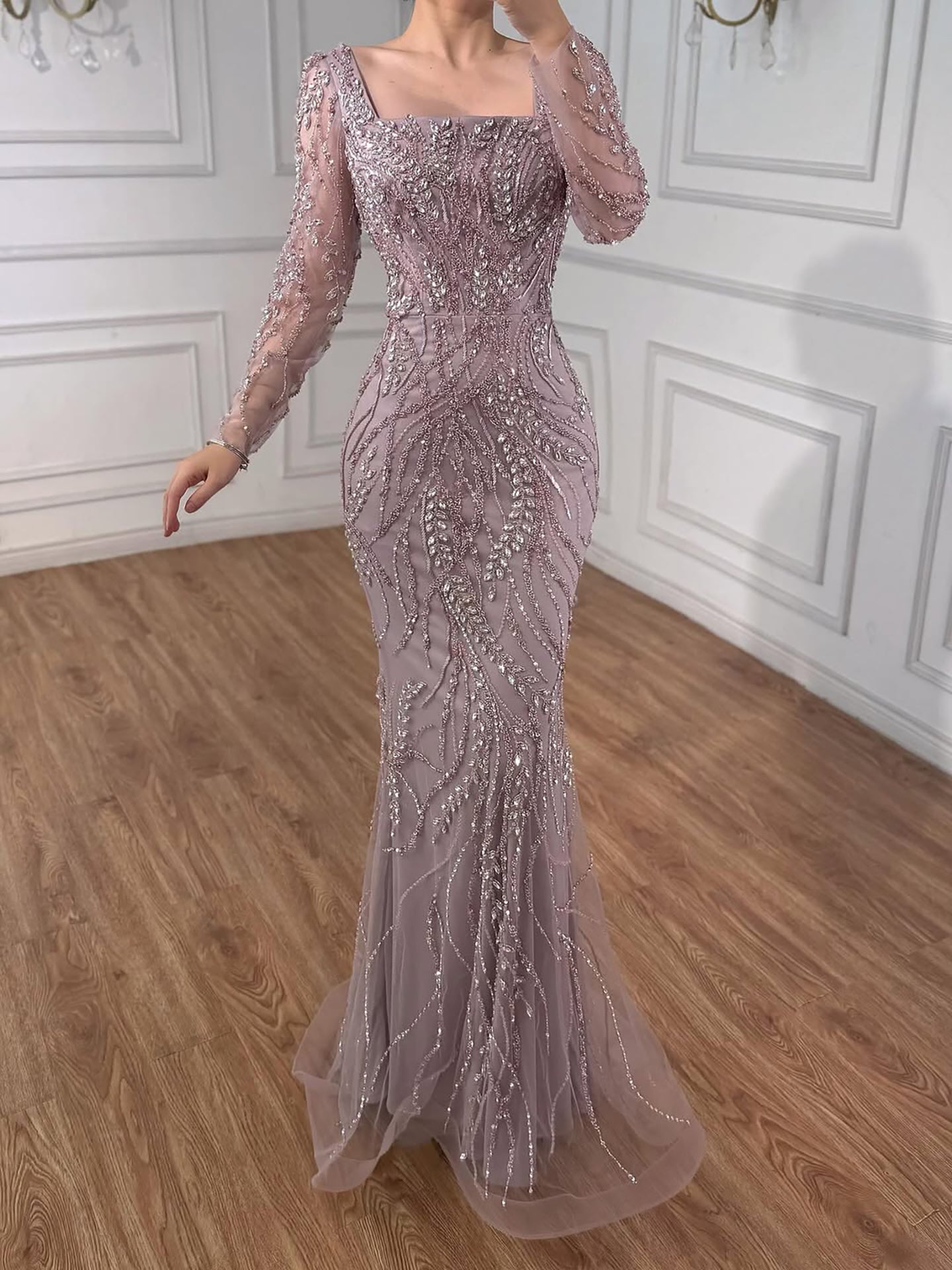 Saudi Arabic Luxury Sage Green Beaded Long Sleeves Mermaid Evening Dress LA72413B