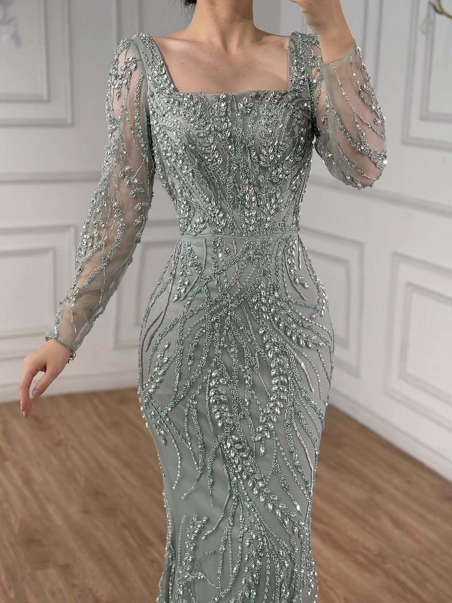 Saudi Arabic Luxury Sage Green Beaded Long Sleeves Mermaid Evening Dress LA72413B