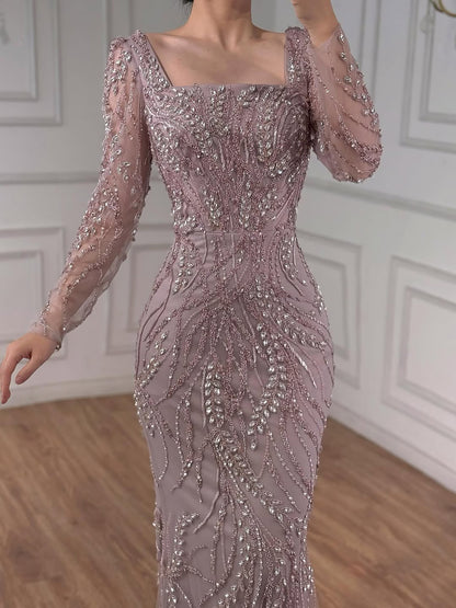 Saudi Arabic Luxury Sage Green Beaded Long Sleeves Mermaid Evening Dress LA72413B