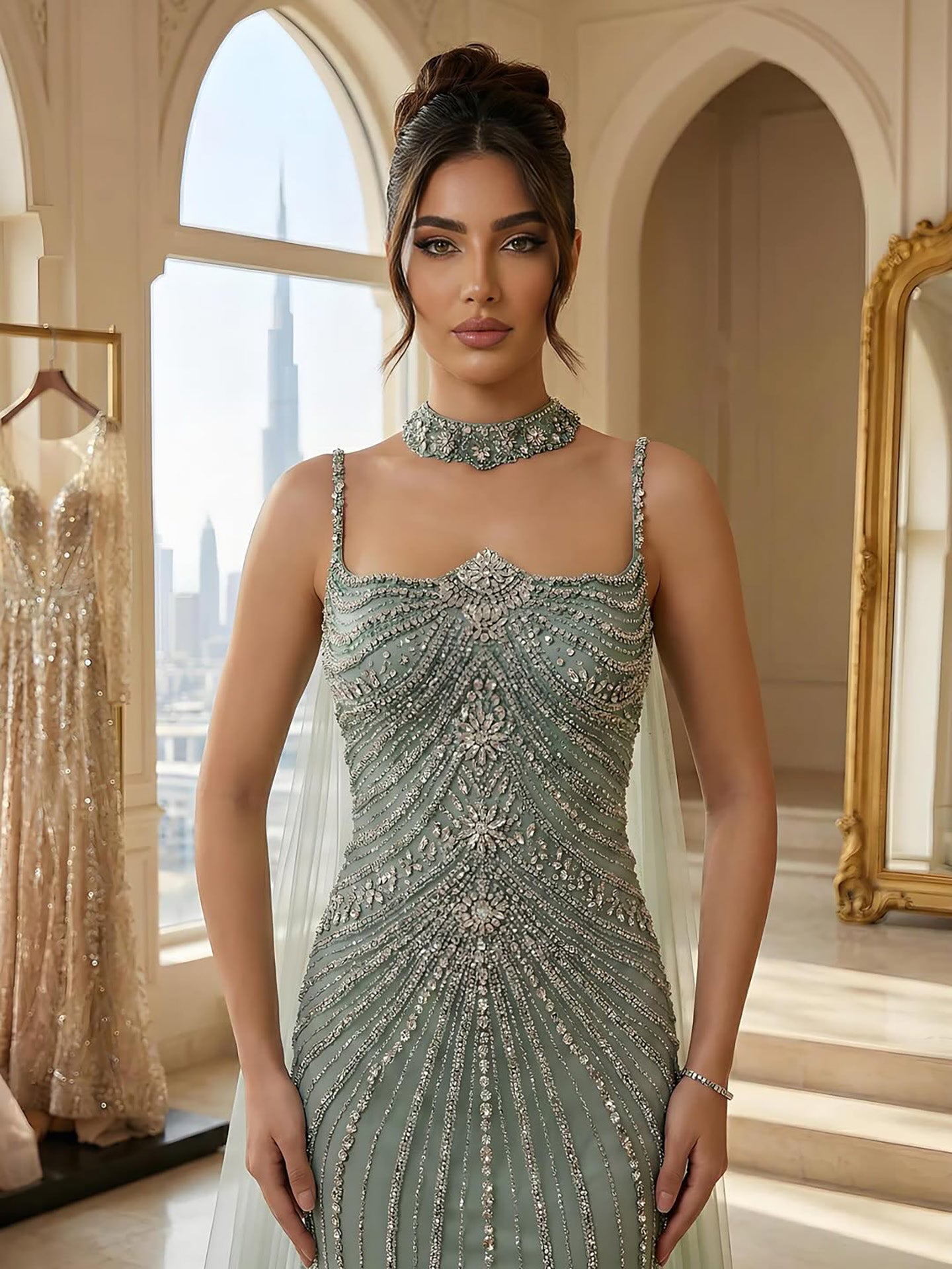 Luxury Navy Blue Mermaid Evening Dress with Chocker Cape LA72440 - SERENE  HILL