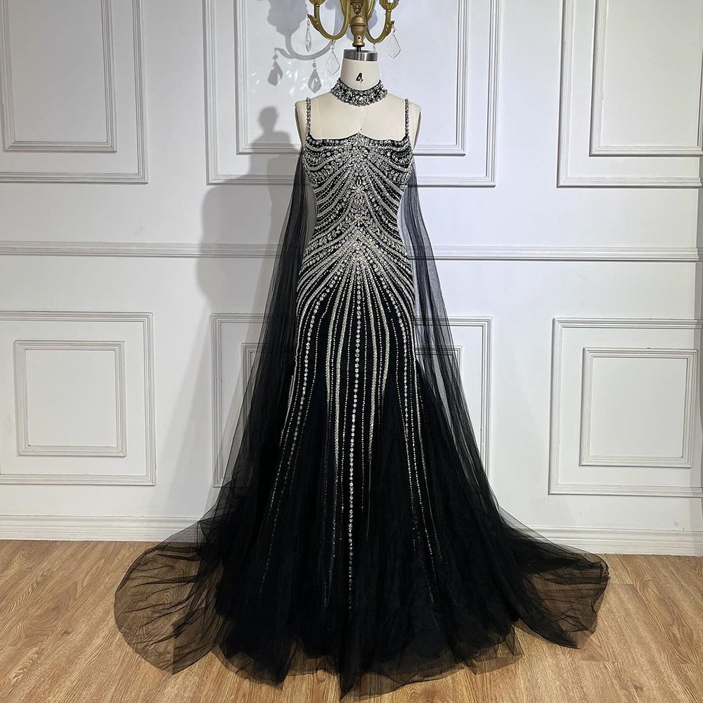 Luxury Navy Blue Mermaid Evening Dress with Chocker Cape LA72440 - SERENE  HILL