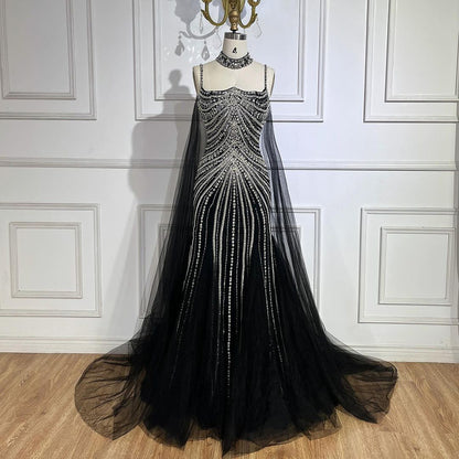 Luxury Navy Blue Mermaid Evening Dress with Chocker Cape LA72440 - SERENE  HILL