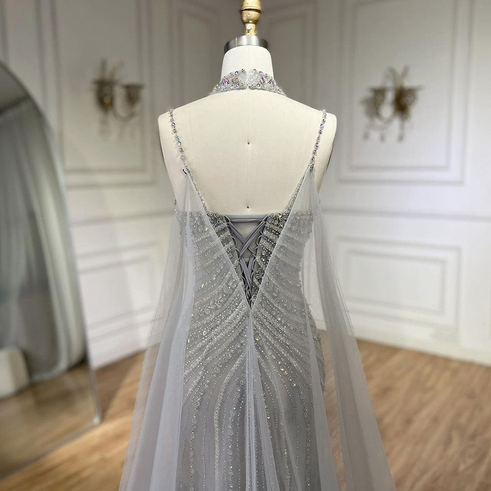 Luxury Navy Blue Mermaid Evening Dress with Chocker Cape LA72440 - SERENE  HILL