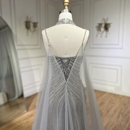 Luxury Navy Blue Mermaid Evening Dress with Chocker Cape LA72440 - SERENE  HILL