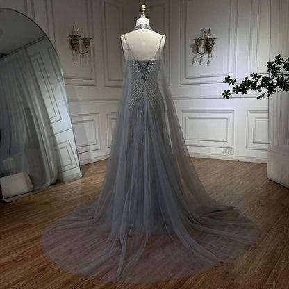 Luxury Navy Blue Mermaid Evening Dress with Chocker Cape LA72440 - SERENE  HILL