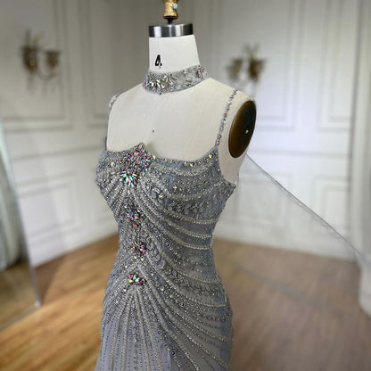 Luxury Navy Blue Mermaid Evening Dress with Chocker Cape LA72440 - SERENE  HILL
