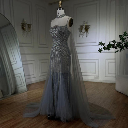 Luxury Navy Blue Mermaid Evening Dress with Chocker Cape LA72440 - SERENE  HILL