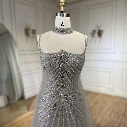 Luxury Navy Blue Mermaid Evening Dress with Chocker Cape LA72440 - SERENE  HILL