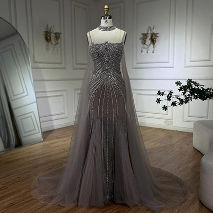 Luxury Navy Blue Mermaid Evening Dress with Chocker Cape LA72440 - SERENE  HILL