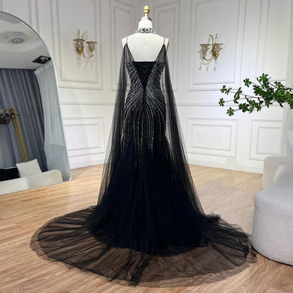 Luxury Navy Blue Mermaid Evening Dress with Chocker Cape LA72440 - SERENE  HILL