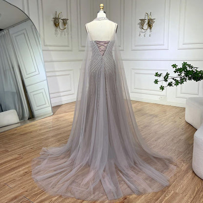 Luxury Navy Blue Mermaid Evening Dress with Chocker Cape LA72440 - SERENE  HILL