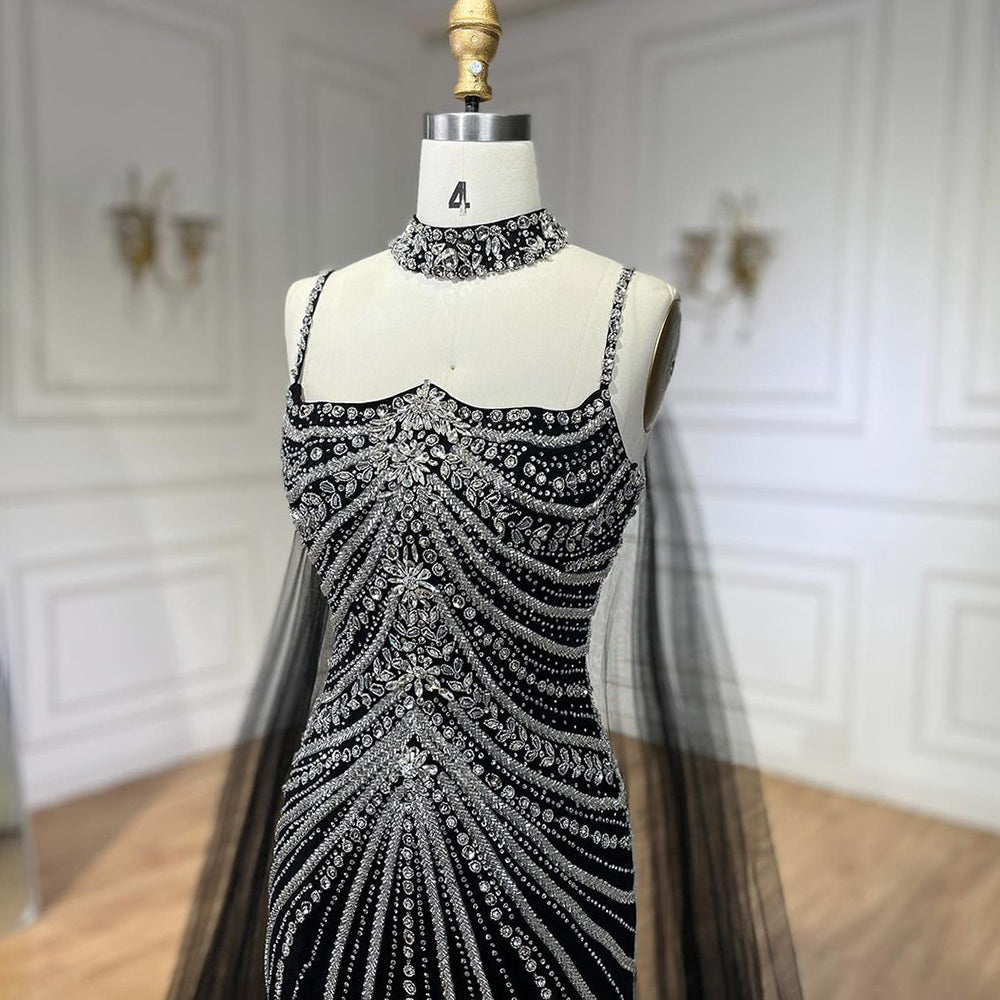 Luxury Navy Blue Mermaid Evening Dress with Chocker Cape LA72440 - SERENE  HILL