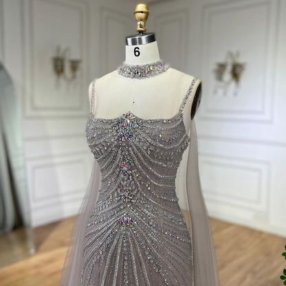 Luxury Navy Blue Mermaid Evening Dress with Chocker Cape LA72440 - SERENE  HILL