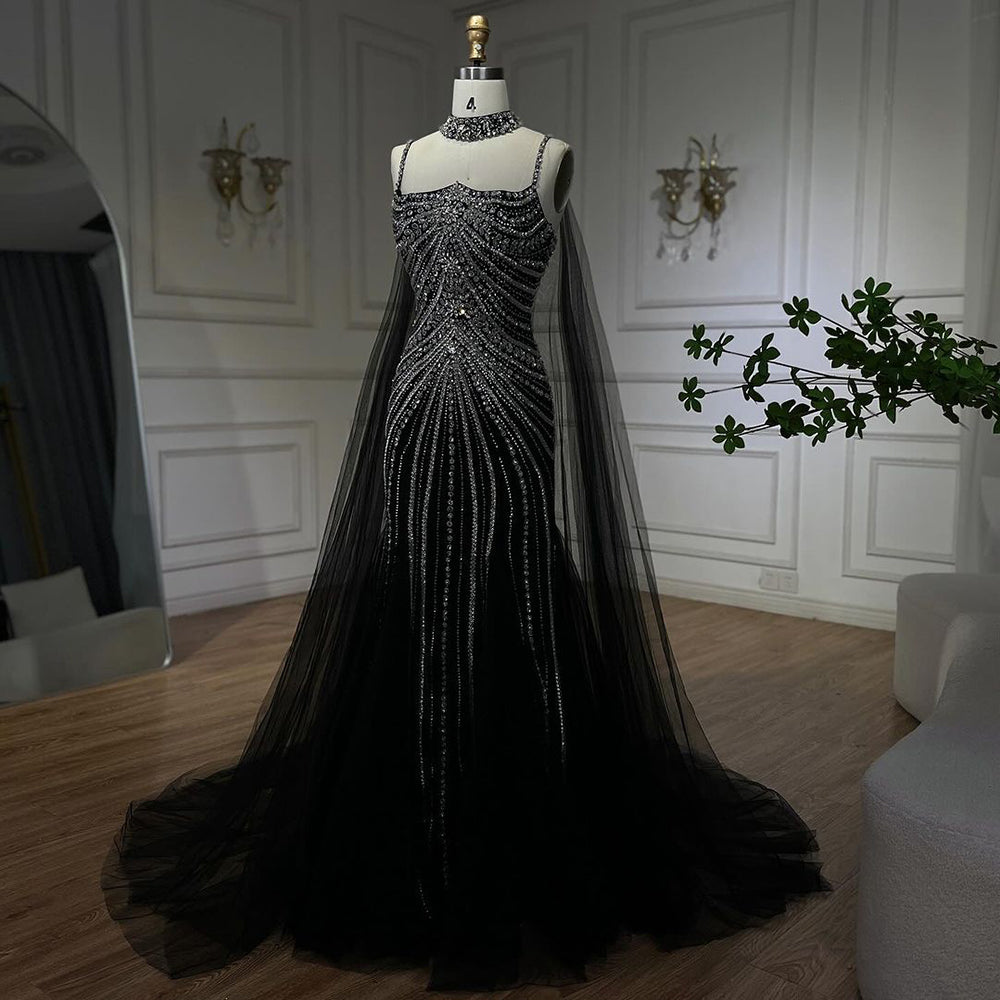 Luxury Navy Blue Mermaid Evening Dress with Chocker Cape LA72440 - SERENE  HILL