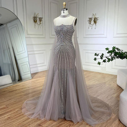 Luxury Navy Blue Mermaid Evening Dress with Chocker Cape LA72440 - SERENE  HILL