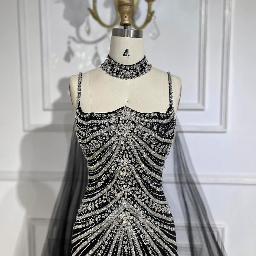 Luxury Navy Blue Mermaid Evening Dress with Chocker Cape LA72440 - SERENE  HILL