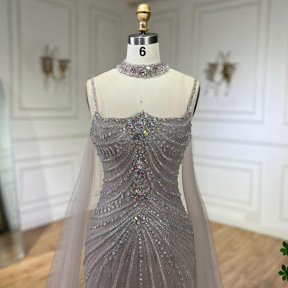 Luxury Navy Blue Mermaid Evening Dress with Chocker Cape LA72440 - SERENE  HILL