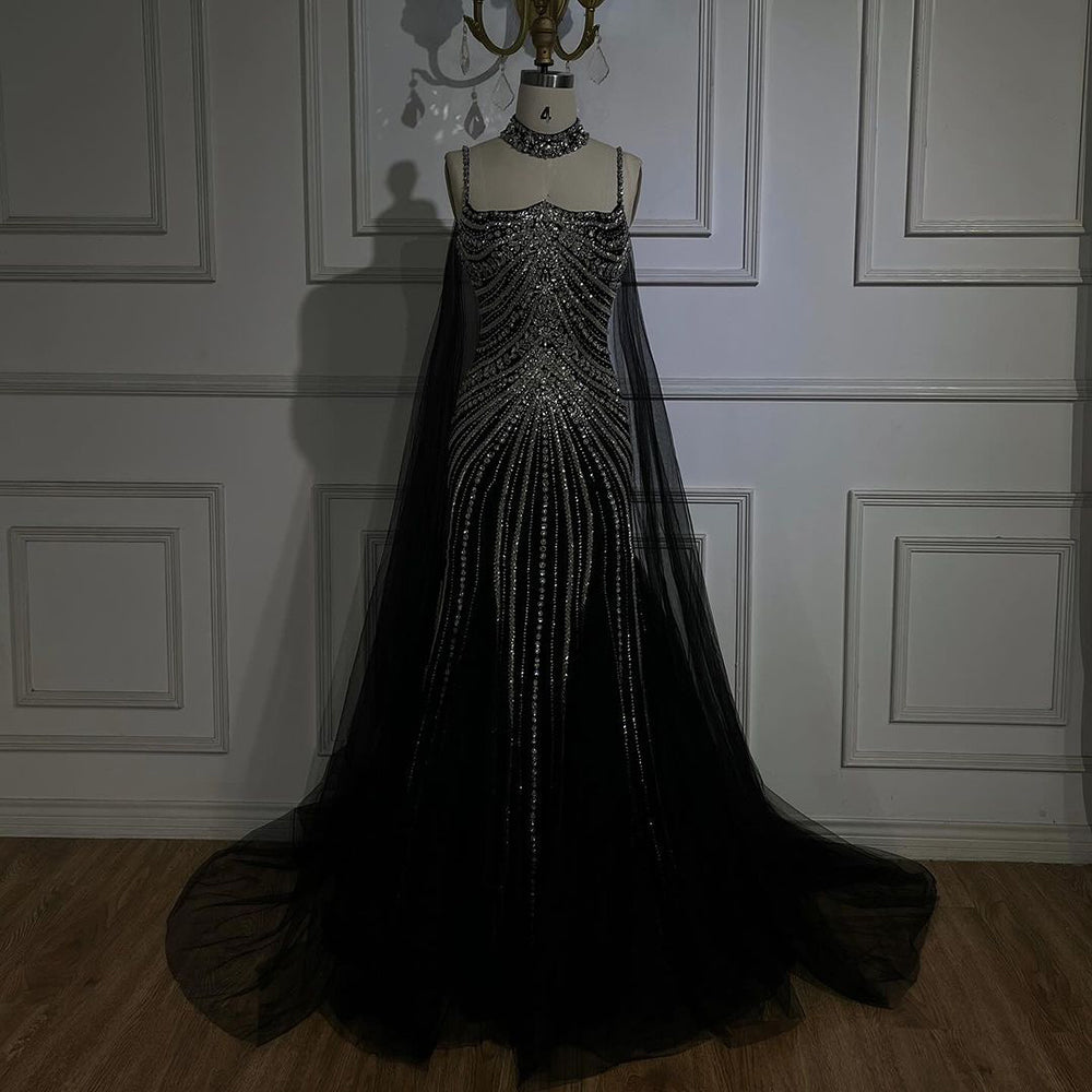 Luxury Navy Blue Mermaid Evening Dress with Chocker Cape LA72440 - SERENE  HILL
