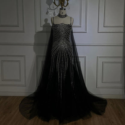Luxury Navy Blue Mermaid Evening Dress with Chocker Cape LA72440 - SERENE  HILL