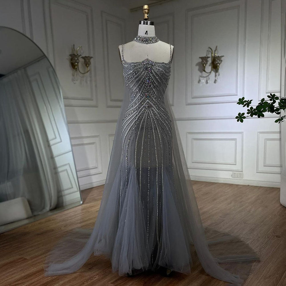 Luxury Navy Blue Mermaid Evening Dress with Chocker Cape LA72440 - SERENE  HILL