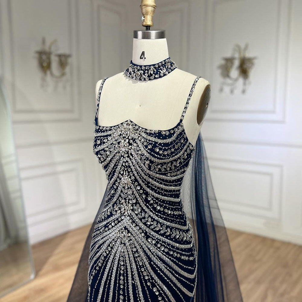Luxury Navy Blue Mermaid Evening Dress with Chocker Cape LA72440 - SERENE  HILL