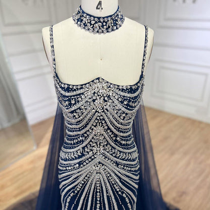 Luxury Navy Blue Mermaid Evening Dress with Chocker Cape LA72440 - SERENE  HILL