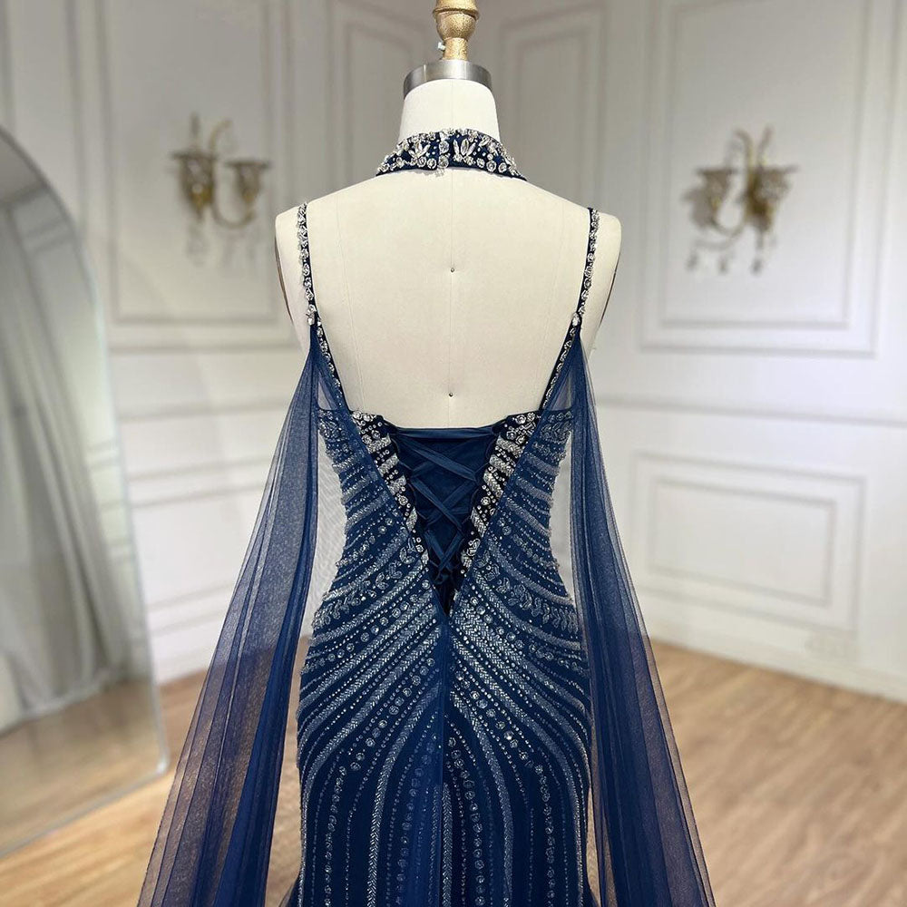 Luxury Navy Blue Mermaid Evening Dress with Chocker Cape LA72440 - SERENE  HILL