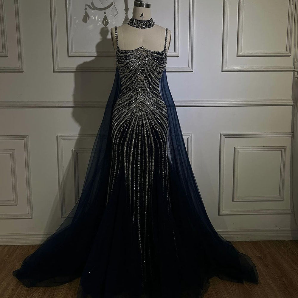Luxury Navy Blue Mermaid Evening Dress with Chocker Cape LA72440 - SERENE  HILL