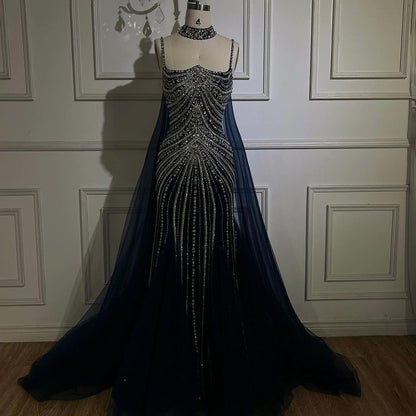Luxury Navy Blue Mermaid Evening Dress with Chocker Cape LA72440 - SERENE  HILL