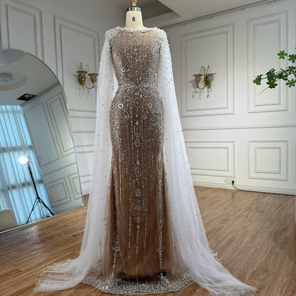 Luxury White Nude Mermaid Pearls Beaded Evening Dress with Cape Sleeves LA72444 - SERENE  HILL