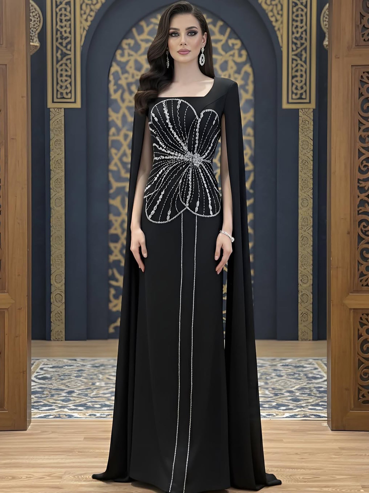 Elegant Black Luxury Beaded Arabic Evening Dress with Cape Sleeves LA72461 - SERENE  HILL