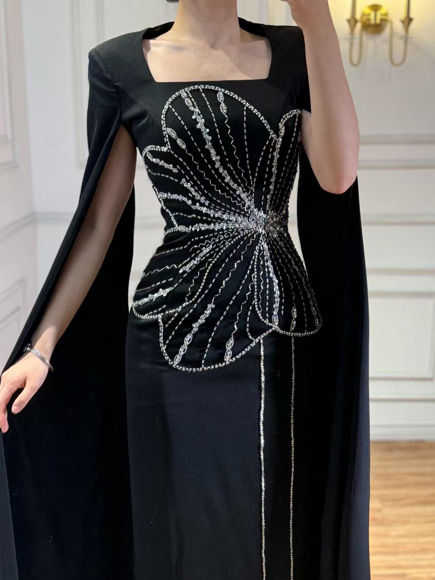 Elegant Black Luxury Beaded Arabic Evening Dress with Cape Sleeves LA72461 - SERENE  HILL