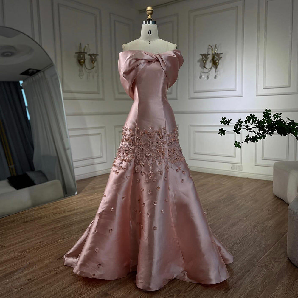 Luxury Peach Satin Mermaid Evening Dress with Appliques LA72483 - SERENE  HILL