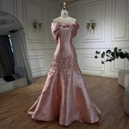 Luxury Peach Satin Mermaid Evening Dress with Appliques LA72483 - SERENE  HILL
