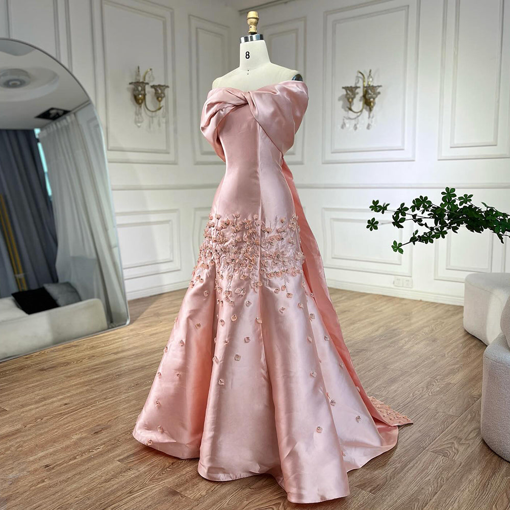 Luxury Peach Satin Mermaid Evening Dress with Appliques LA72483 - SERENE  HILL