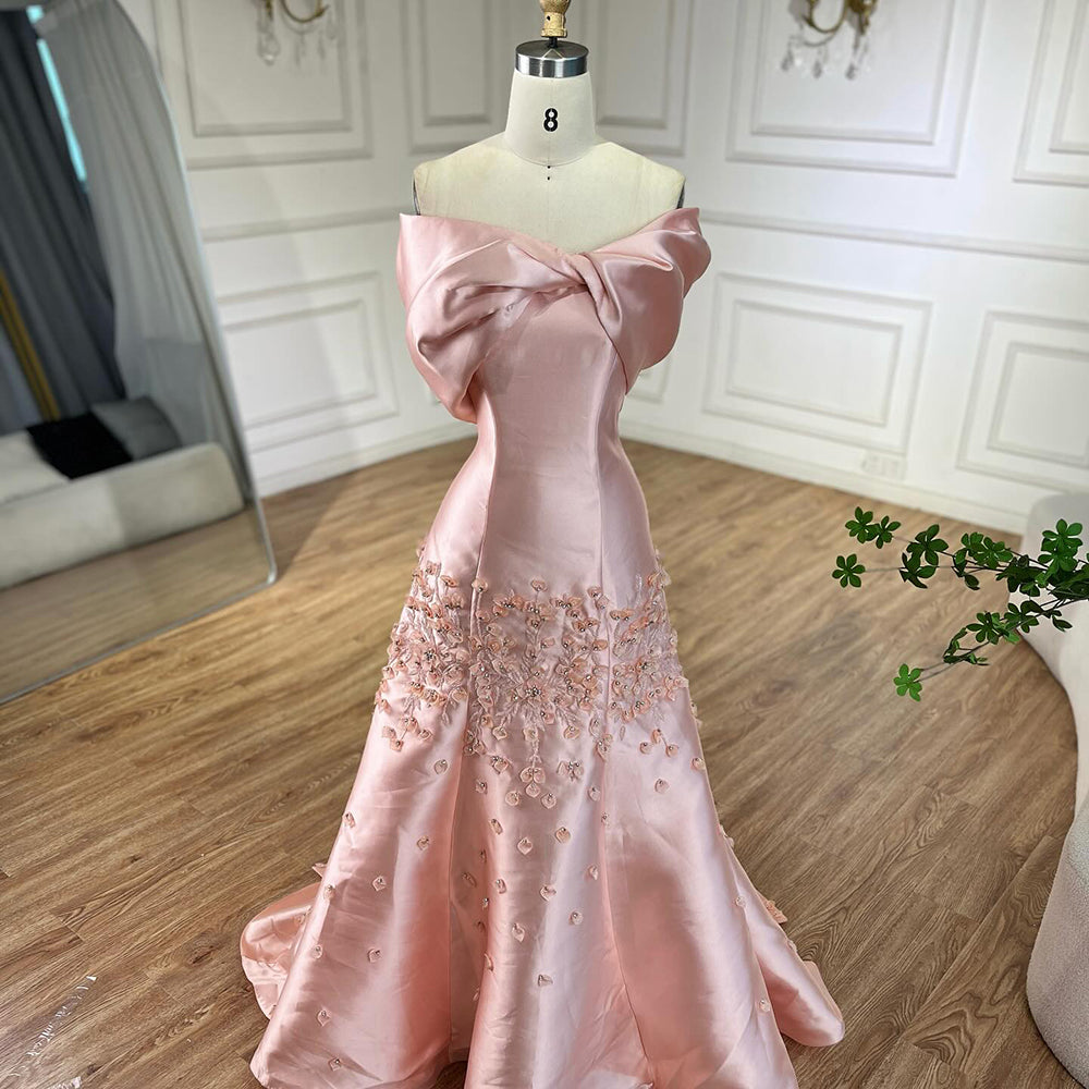 Luxury Peach Satin Mermaid Evening Dress with Appliques LA72483 - SERENE  HILL