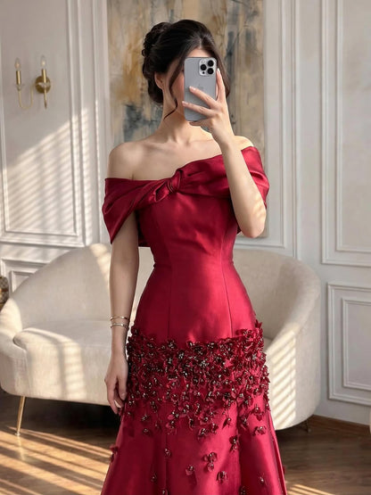 Luxury Peach Satin Mermaid Evening Dress with Appliques LA72483 - SERENE  HILL
