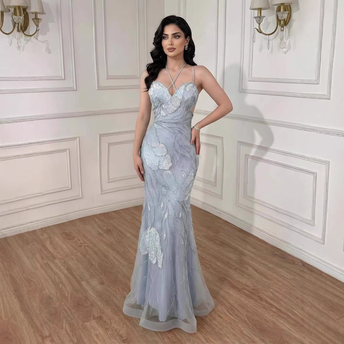 Luxury Pink Beaded Mermaid Evening Dress with Spaghetti Straps LA72492