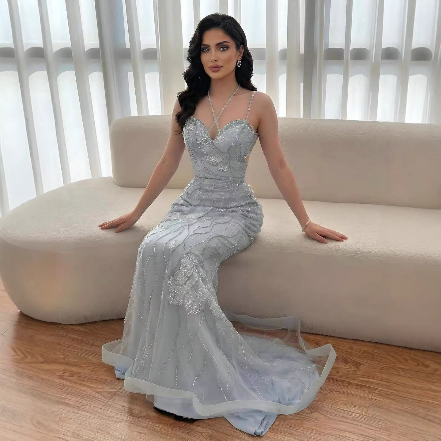 Luxury Pink Beaded Mermaid Evening Dress with Spaghetti Straps LA72492