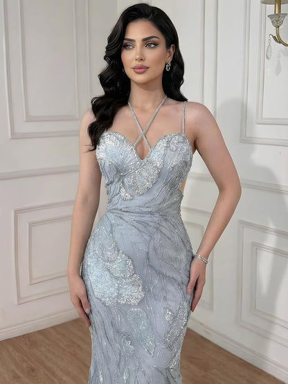 Luxury Pink Beaded Mermaid Evening Dress with Spaghetti Straps LA72492