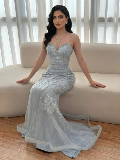 Luxury Pink Beaded Mermaid Evening Dress with Spaghetti Straps LA72492