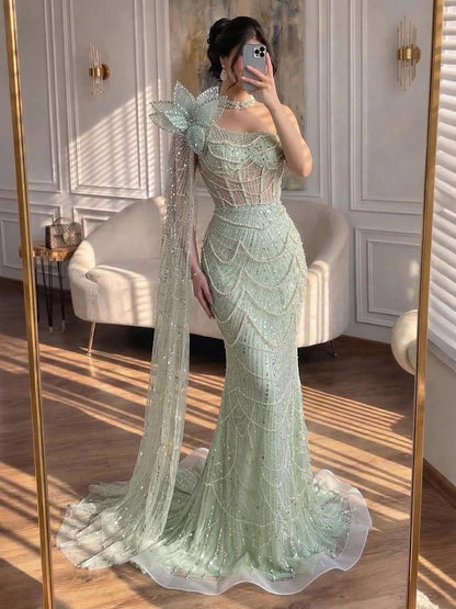 Luxury Sage Green One-Shoulder Pearls Beaded Evening Dress LA72511 - SERENE  HILL