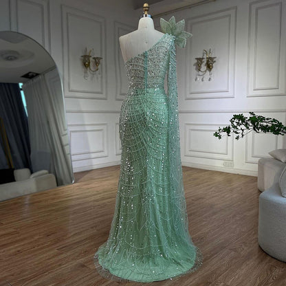 Luxury Sage Green One-Shoulder Pearls Beaded Evening Dress LA72511 - SERENE  HILL