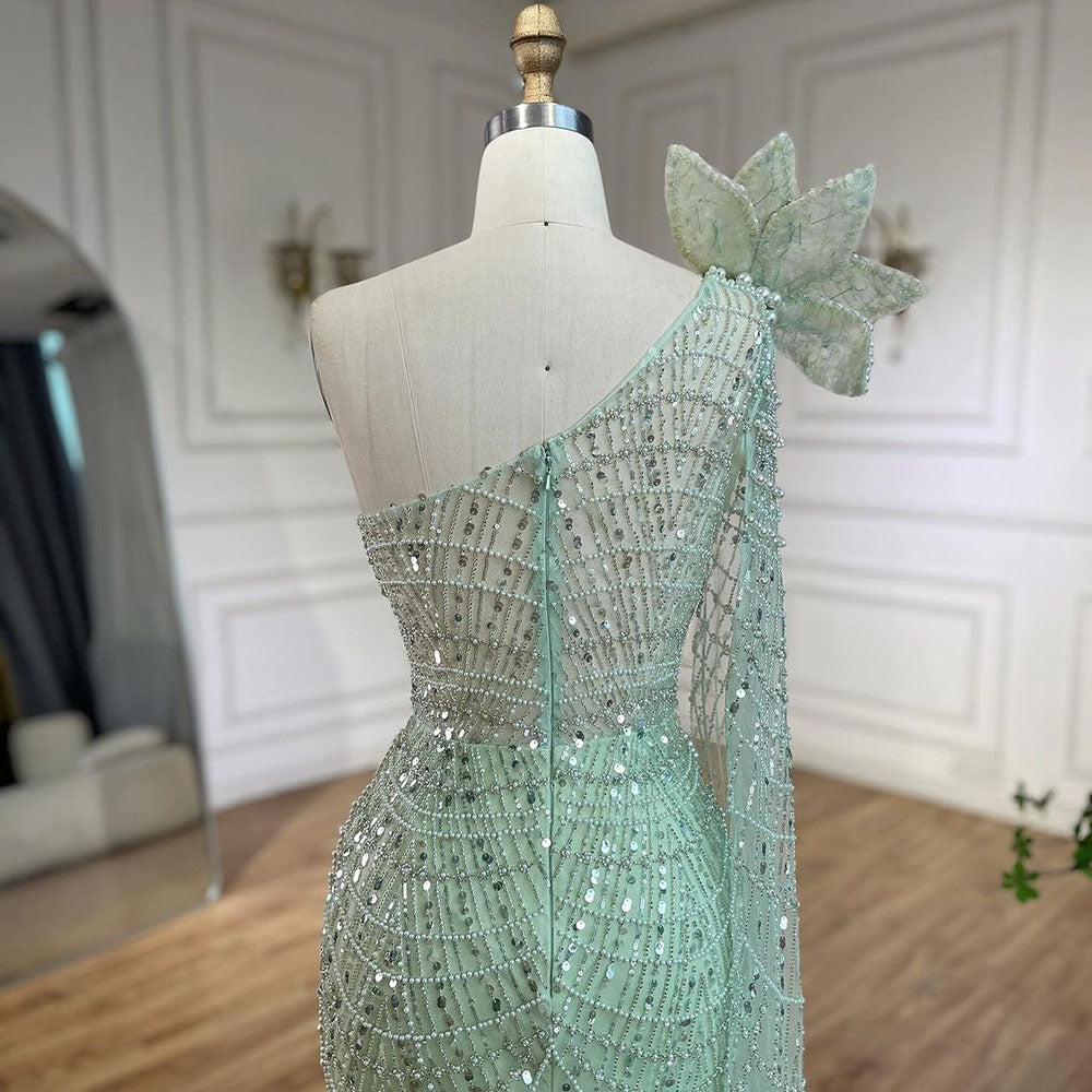 Luxury Sage Green One-Shoulder Pearls Beaded Evening Dress LA72511 - SERENE  HILL