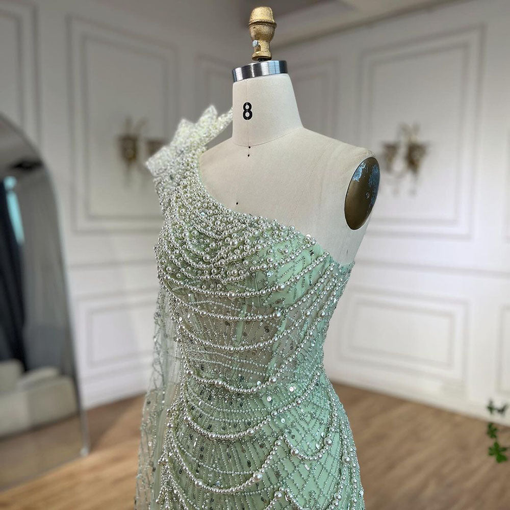 Luxury Sage Green One-Shoulder Pearls Beaded Evening Dress LA72511 nude / 8