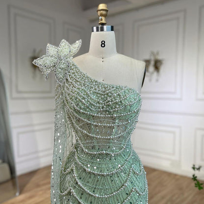 Luxury Sage Green One-Shoulder Pearls Beaded Evening Dress LA72511 - SERENE  HILL
