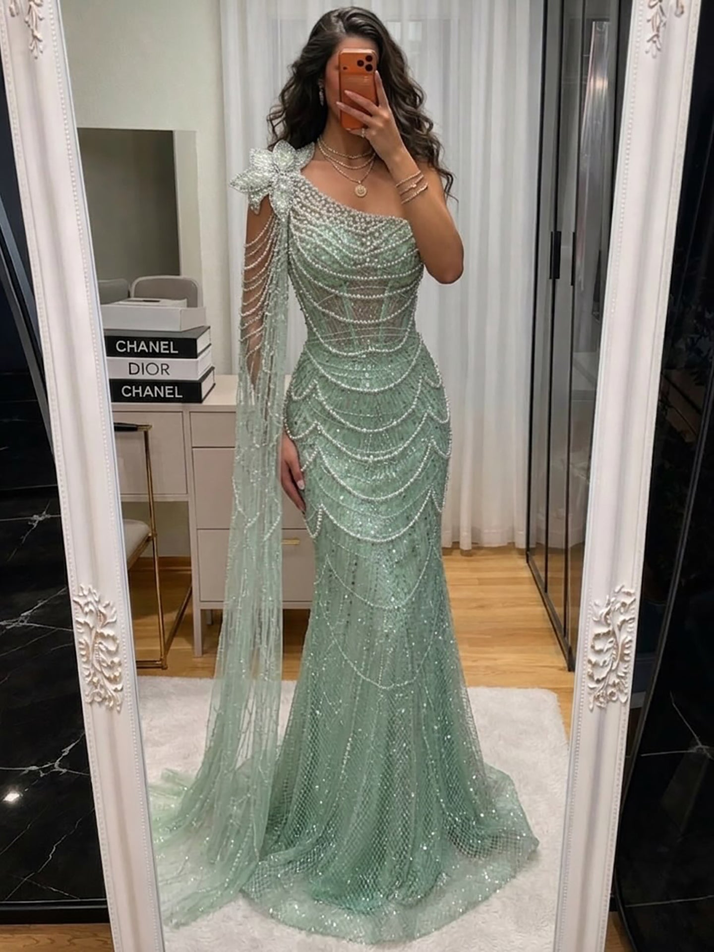 Luxury Sage Green One-Shoulder Pearls Beaded Evening Dress LA72511 nude / 8