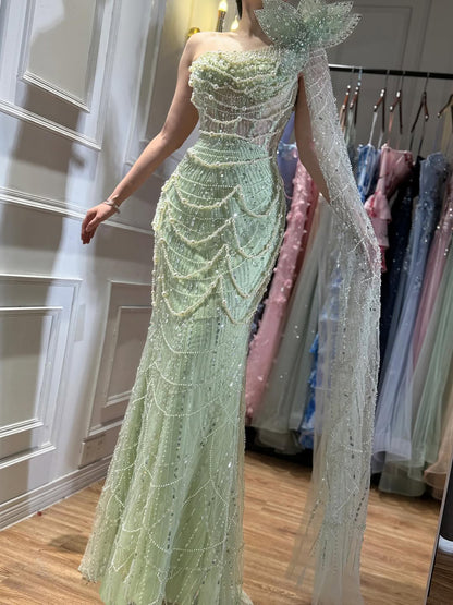 Luxury Sage Green One-Shoulder Pearls Beaded Evening Dress LA72511 - SERENE  HILL