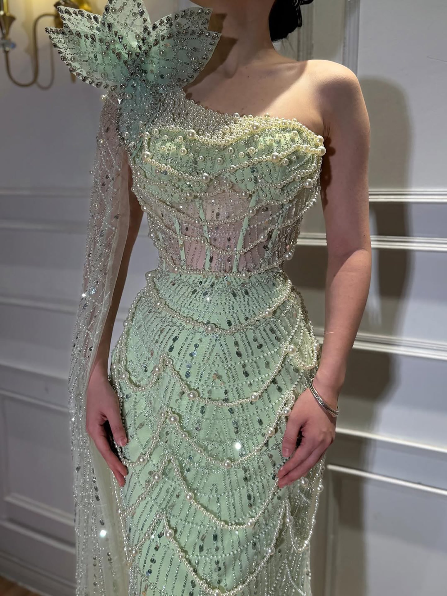 Luxury Sage Green One-Shoulder Pearls Beaded Evening Dress LA72511 - SERENE  HILL
